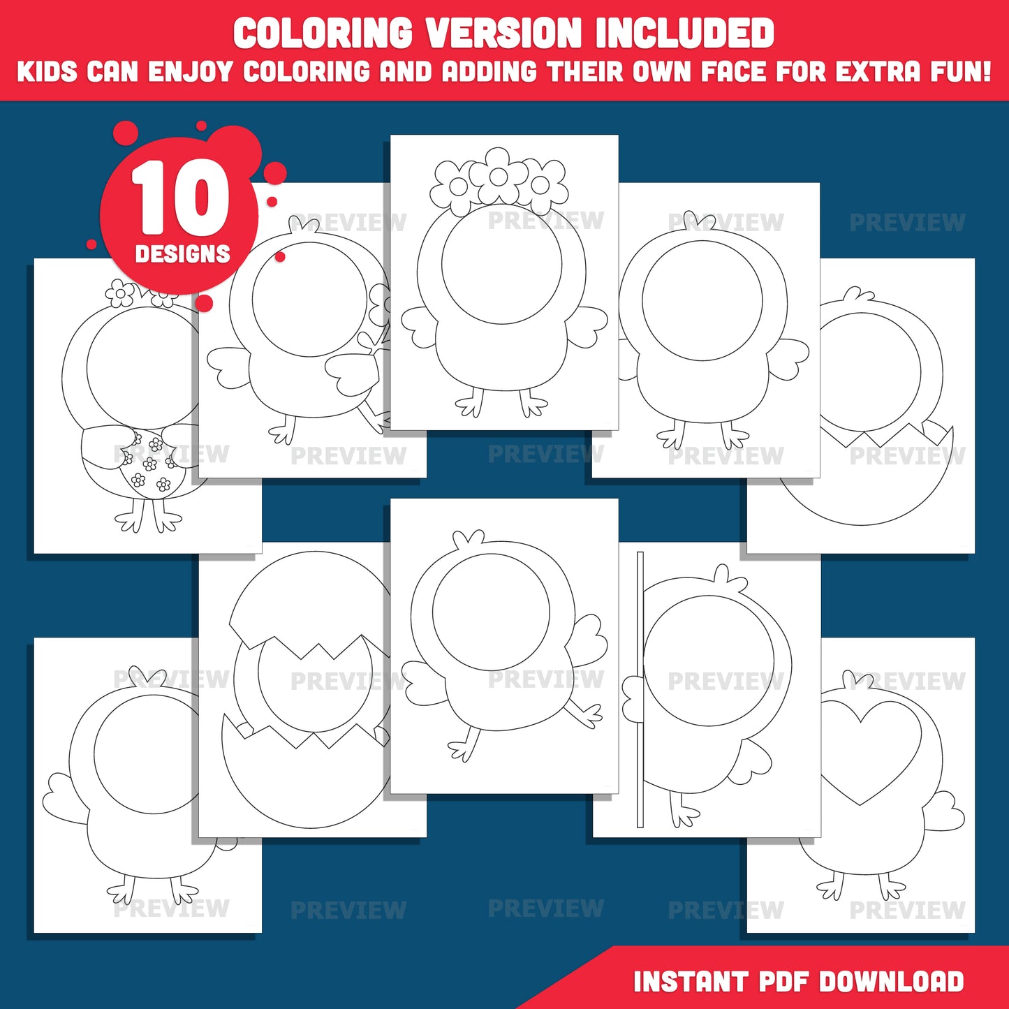 Blank Easter Chick Face Templates, Add Your Own Face Craft Activity, 10 Chick Designs, Coloring Version Included, PDF + PNG