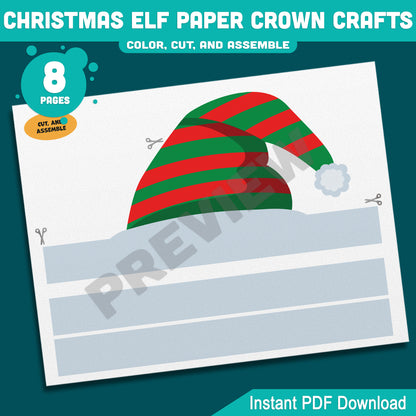 Printable Christmas Elf Paper Crown Crafts, Fun Winter Hat and Headband Activity, Christmas Play Paper Hat to Color, Cut & Assemble, 4 Designs, Pre-color + Black & White, Instant PDF Download