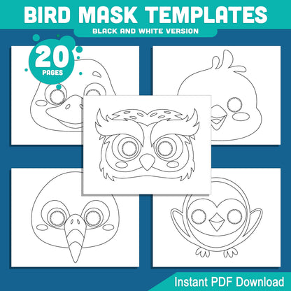 Bird Mask Templates for Kids: 20 Fun Printable Masks for Paper Craft & Pretend Play, Pre-Colored + Black & White, PDF Instant Download