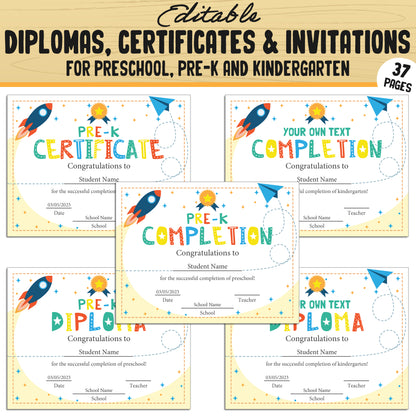 Fun and Editable Preschool, Pre-K, and Kindergarten Diplomas, Certificates, and Invitations – 37 Customizable PDF Pages, Instant Download