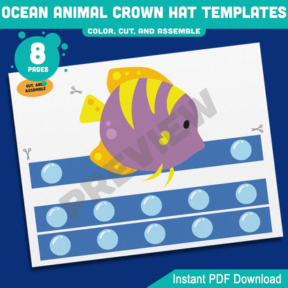 Ocean Animal Crown Hat Templates, Fun Printable Headband Craft for Kids – 8 Pages with Pre-Colored + Black & White, PDF for Teachers & Parents