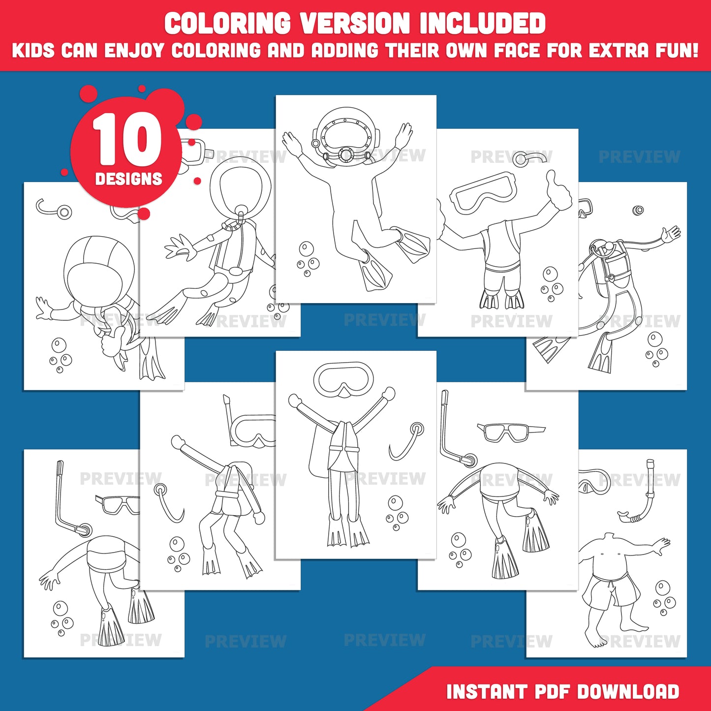 Scuba Diver and Snorkeling Craft for Kids, Under the Sea Printable, Add Your Own Face Activity, Coloring Version, PDF PNG Templates
