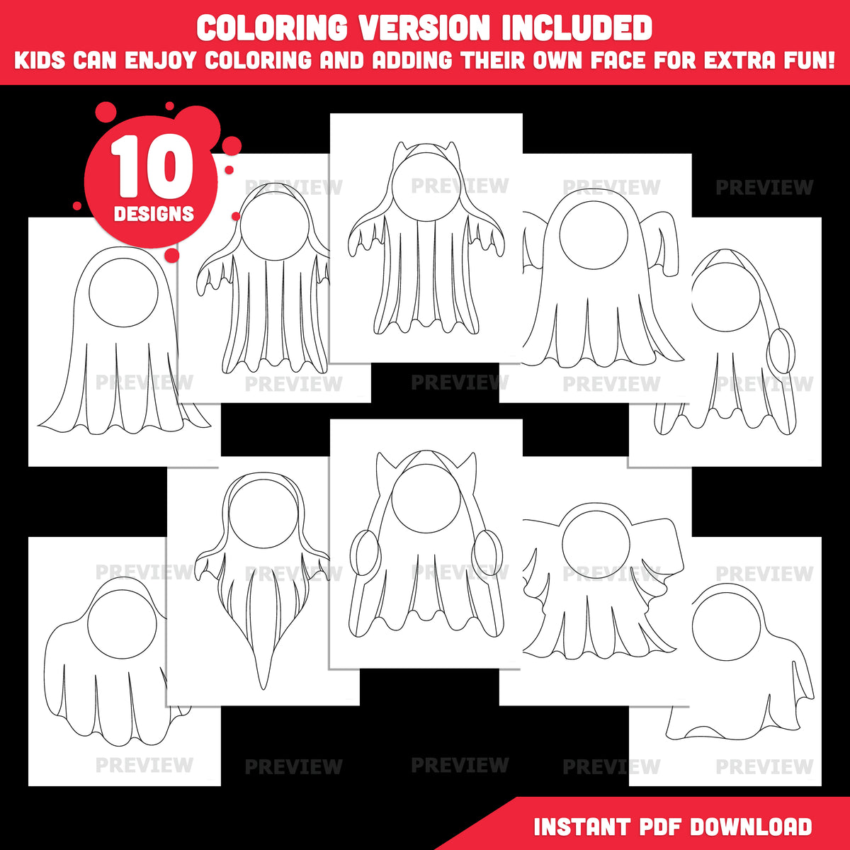 Ghost Body Templates, Photo Craft for Kids, Add Your Own Face, Halloween Activity, 10 Unique Designs, PDF + PNG Files, Coloring Version Included, 300 DPI