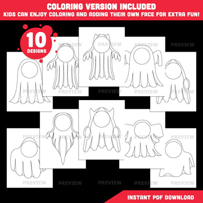 Ghost Body Templates, Photo Craft for Kids, Add Your Own Face, Halloween Activity, 10 Unique Designs, PDF + PNG Files, Coloring Version Included, 300 DPI
