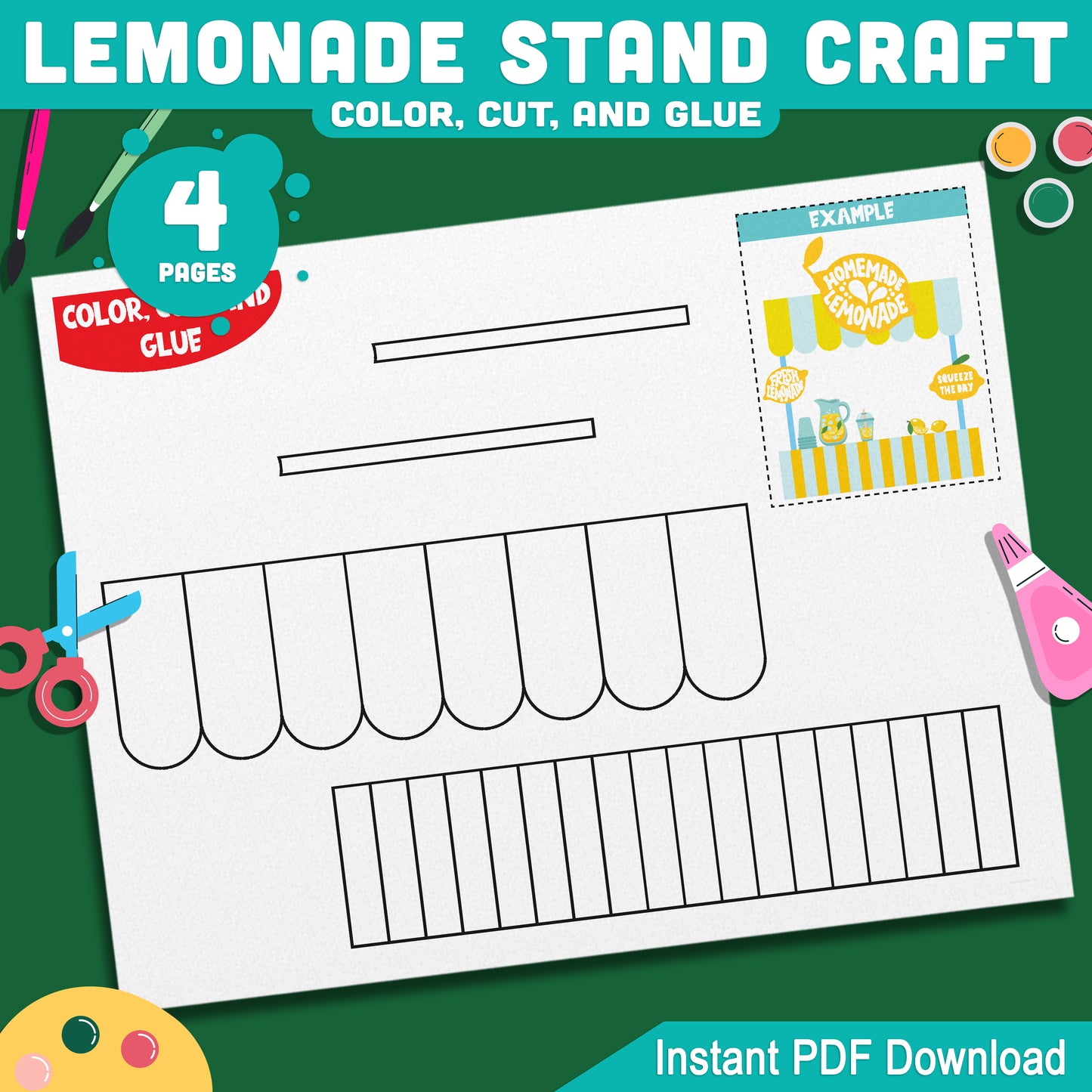 Lemonade Stand Craft, Summer Activity, Cut and Paste Printable, Seasonal Kids Project, Coloring Build Activity, Letter & A4 PDF