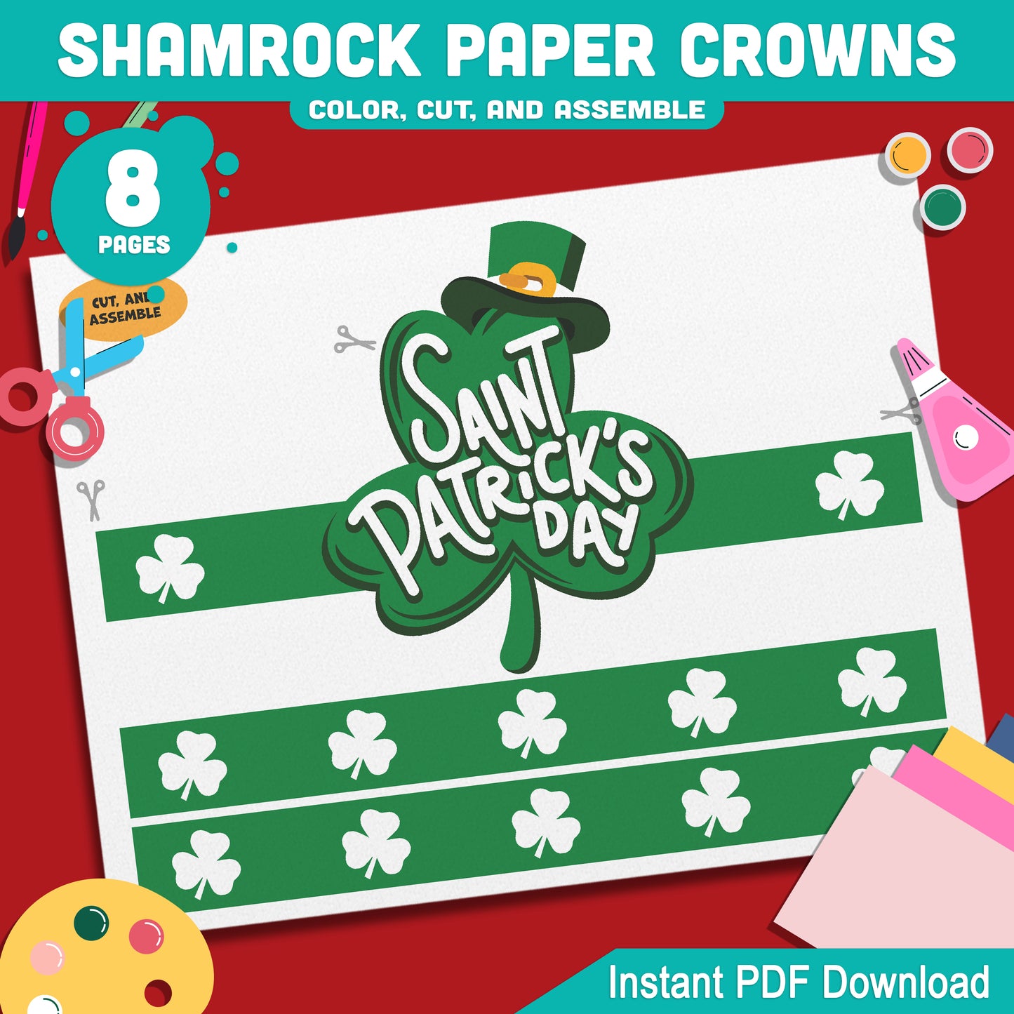 Shamrock Paper Crowns – St. Patrick’s Day Printable Headband Craft for Kids, Lucky Leprechaun Crown, School Party Paper Hat, Pre-color + Black & White