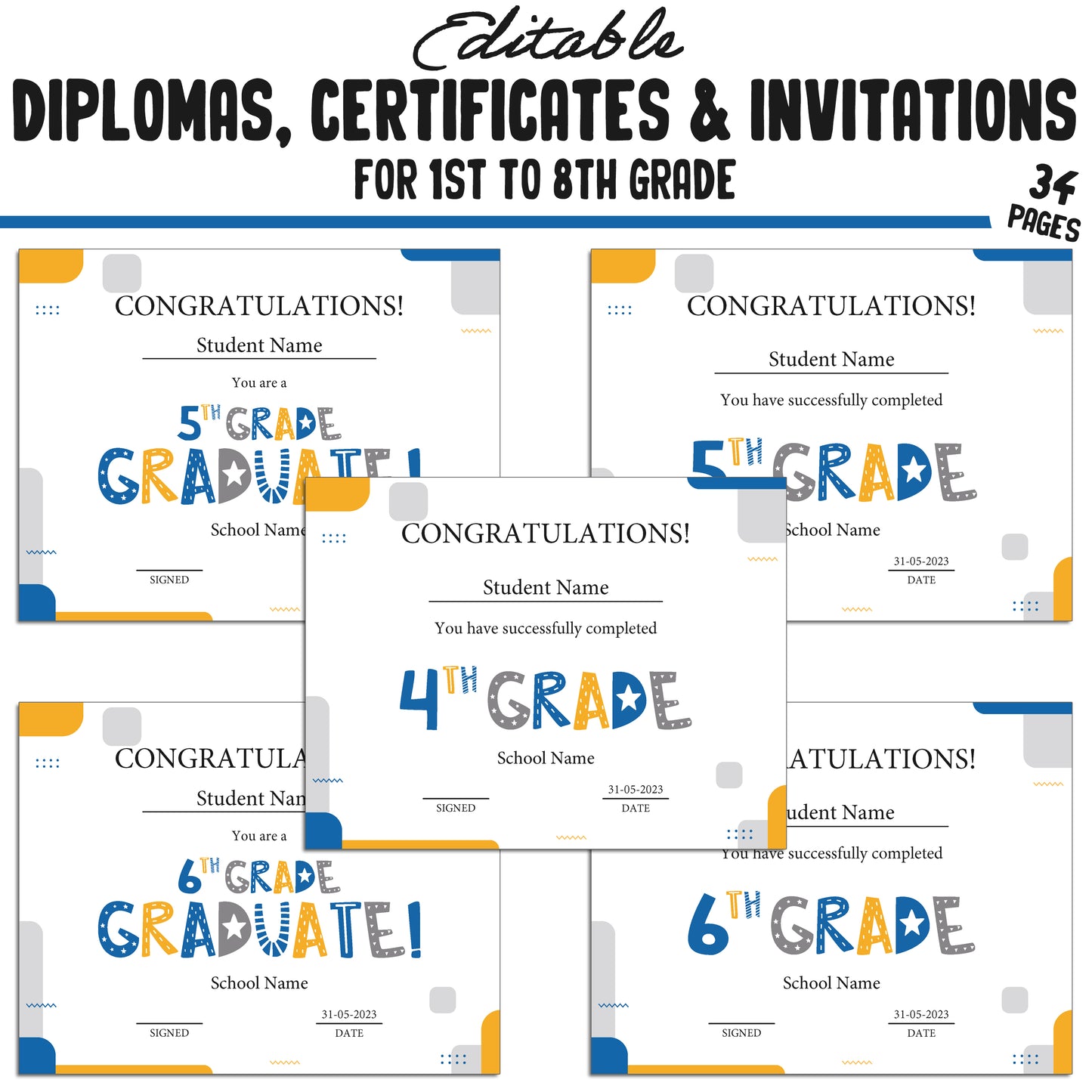 Editable 1st Grade Diploma, 1st-8th Grade Certificates, and Invitation Templates in a Simple & Modern Theme, PDF Instant Download.