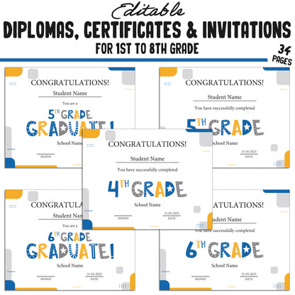 Editable 1st Grade Diploma, 1st-8th Grade Certificates, and Invitation Templates in a Simple & Modern Theme, PDF Instant Download.