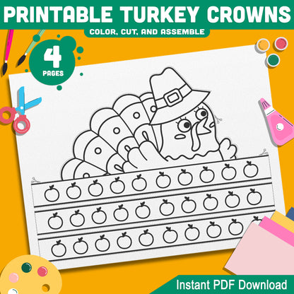 Turkey Crown Craft for Kids – 4 Printable Paper Hat Templates for Thanksgiving Celebrations and Party Bags, Easy PDF Instant Download!