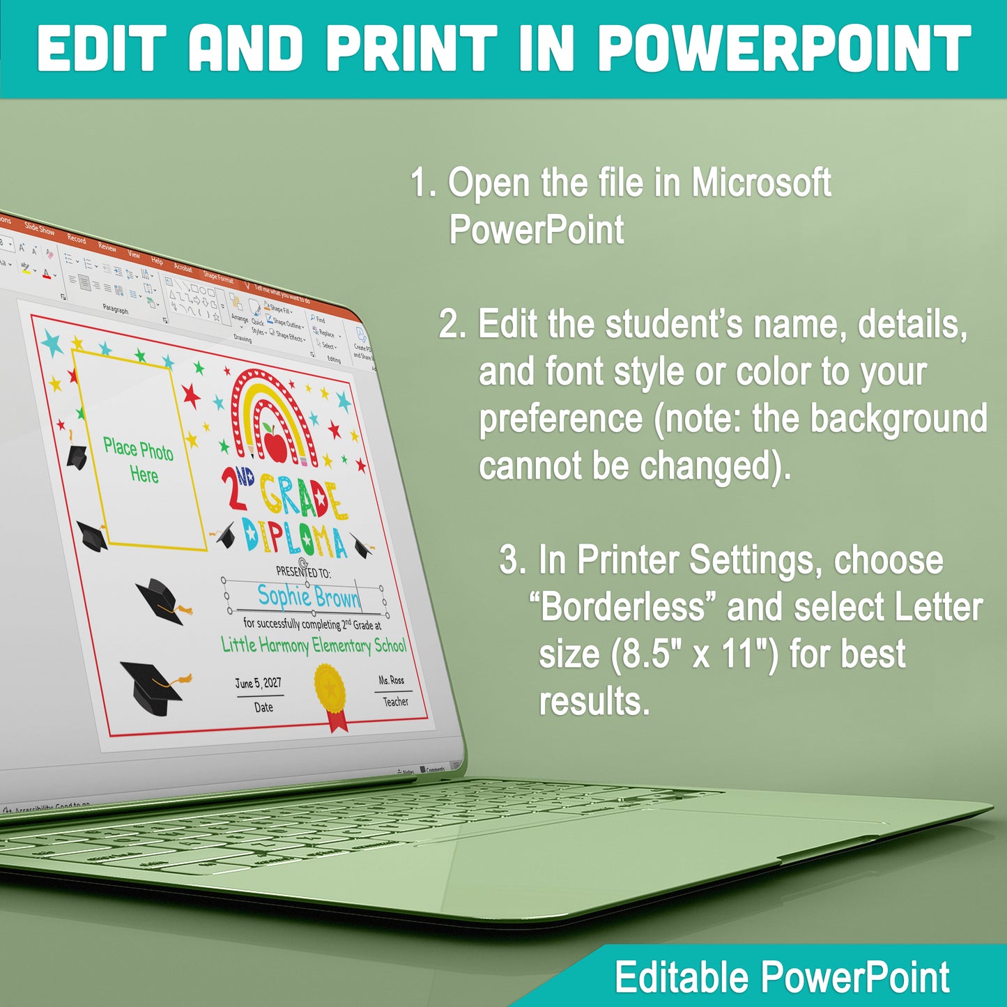 Editable 2nd Graduation Diploma & Certificate Set, Printable Rainbow Stars Awards, Photo and No-Photo Options, PDF, PowerPoint, Canva