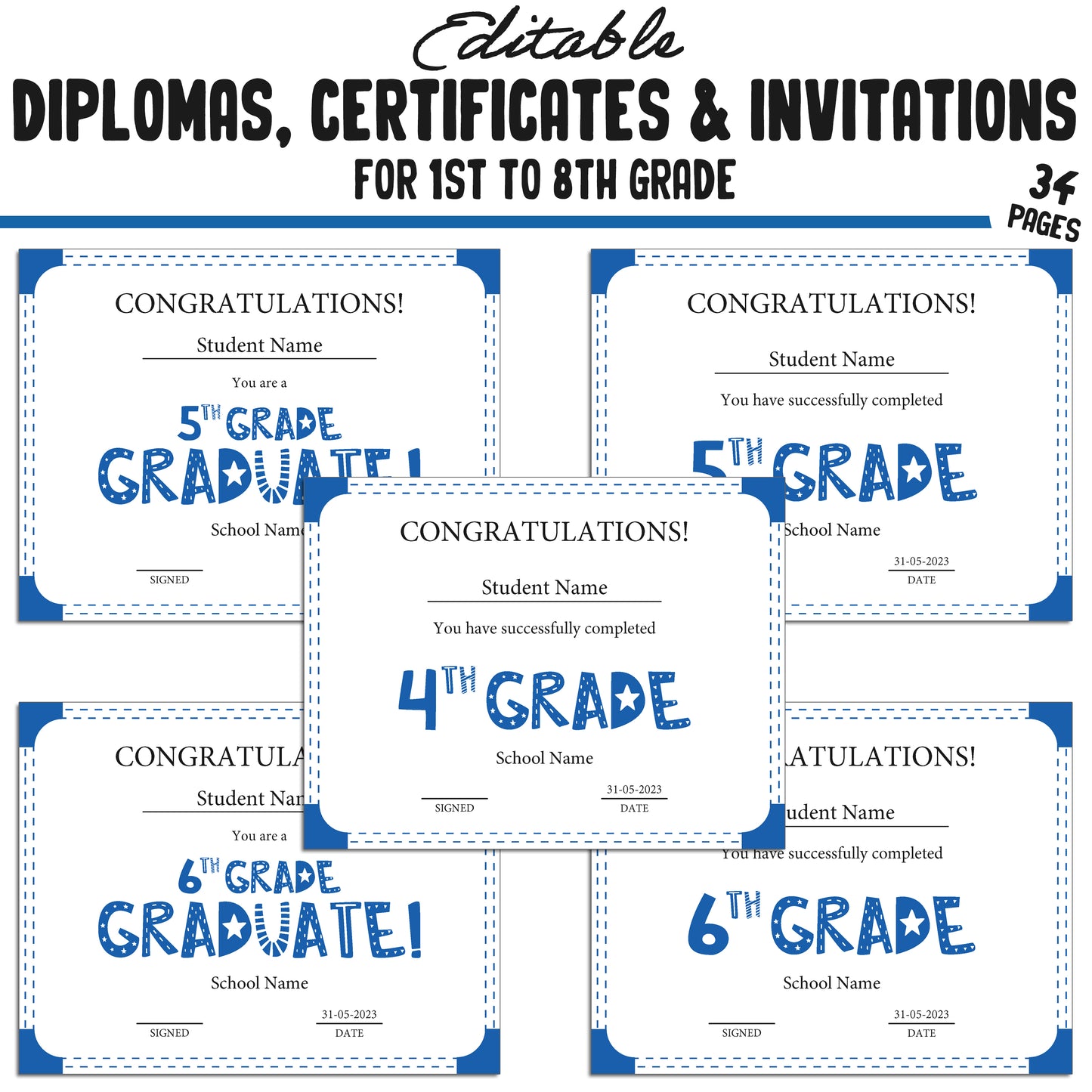 Printable 1st Grade Diplomas, Certificates, and Invitation Templates in a Simple & Modern Blue Theme - PDF Instant Download