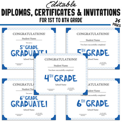 Printable 1st Grade Diplomas, Certificates, and Invitation Templates in a Simple & Modern Blue Theme - PDF Instant Download