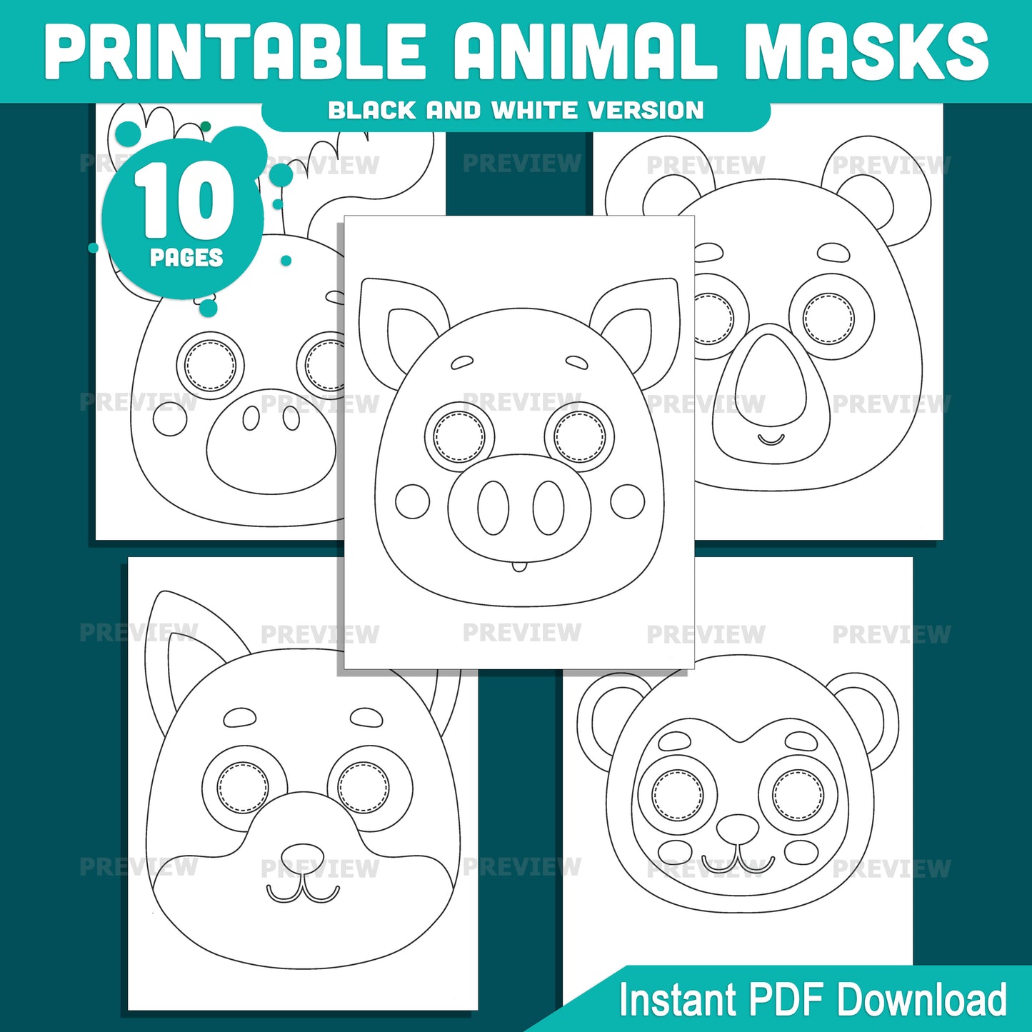 Printable Animal Paper Masks, Kids Color, Cut & Wear Animal Craft, 10 Printable Faces, Pre-Colored, Black and White, Letter, A4 PDF