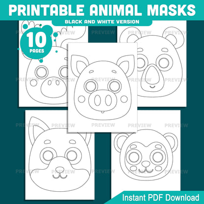 Printable Animal Paper Masks, Kids Color, Cut & Wear Animal Craft, 10 Printable Faces, Pre-Colored, Black and White, Letter, A4 PDF
