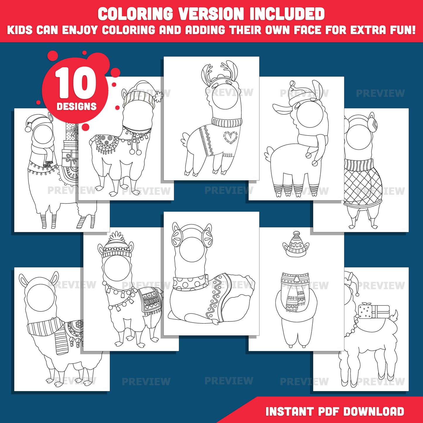 Christmas Llama Body Templates, Add Your Own Face Christmas Llama Crafts, Winter Body Templates with Coloring Version Included, High-Resolution PDF + PNG