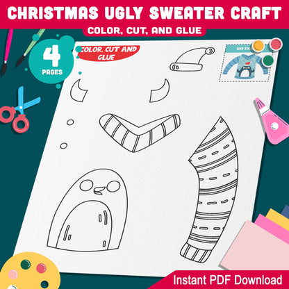 Christmas Craft Template: Create Ugly Sweaters with Color, Cut, and Glue Activity for Kids in PreK-2nd Grade, Easy PDF Download Today!