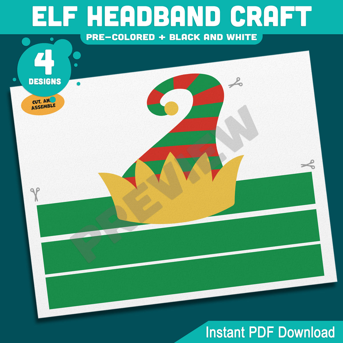 Elf Headband Craft, Holiday Coloring Activity for Kids, Cut and Assemble Paper Hat