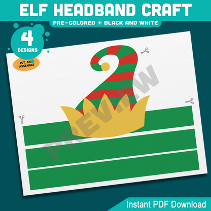 Elf Headband Craft, Holiday Coloring Activity for Kids, Cut and Assemble Paper Hat