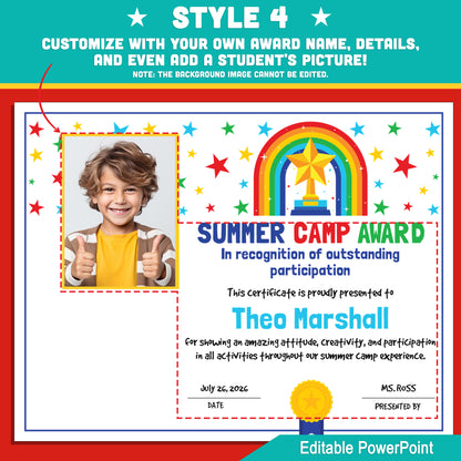 Editable Summer Camp Award – 4 Certificate Styles with Photo Options to Celebrate Camp Stars in STEM, Arts, Music, or Any Summer Program