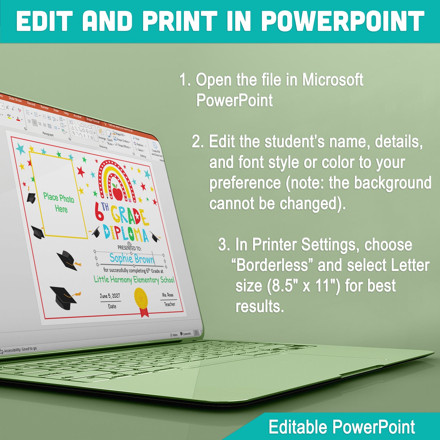 Editable 6th Graduation Diploma & Certificate Set, Rainbow Stars Graduation Awards, Photo or No-Photo Options, Edit in PDF, PowerPoint, Canva