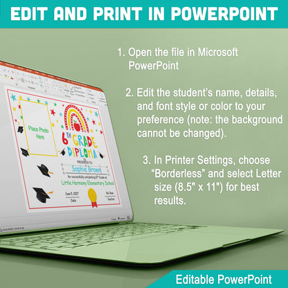 Editable 6th Graduation Diploma & Certificate Set, Rainbow Stars Graduation Awards, Photo or No-Photo Options, Edit in PDF, PowerPoint, Canva