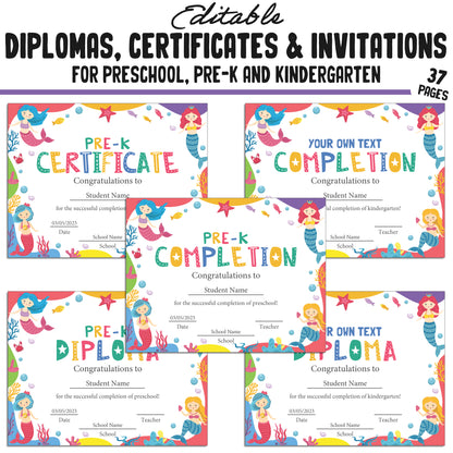 Editable Kindergarten Graduation Invitations, Pre-K and Preschool Completion Certificates, Diplomas, PDF Files, Instant Download