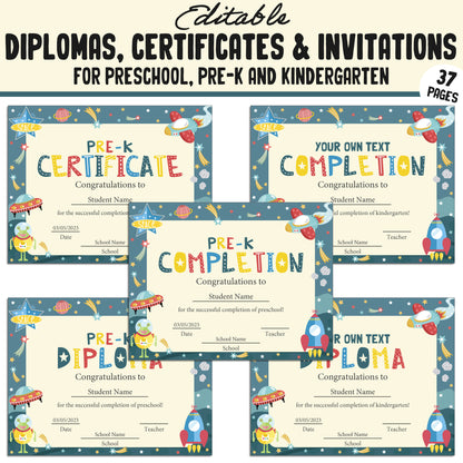 Kindergarten Certificates End of the Year, Preschool, Pre K, Diplomas & Invitations, 37 Customizable PDF Pages, Instant Download