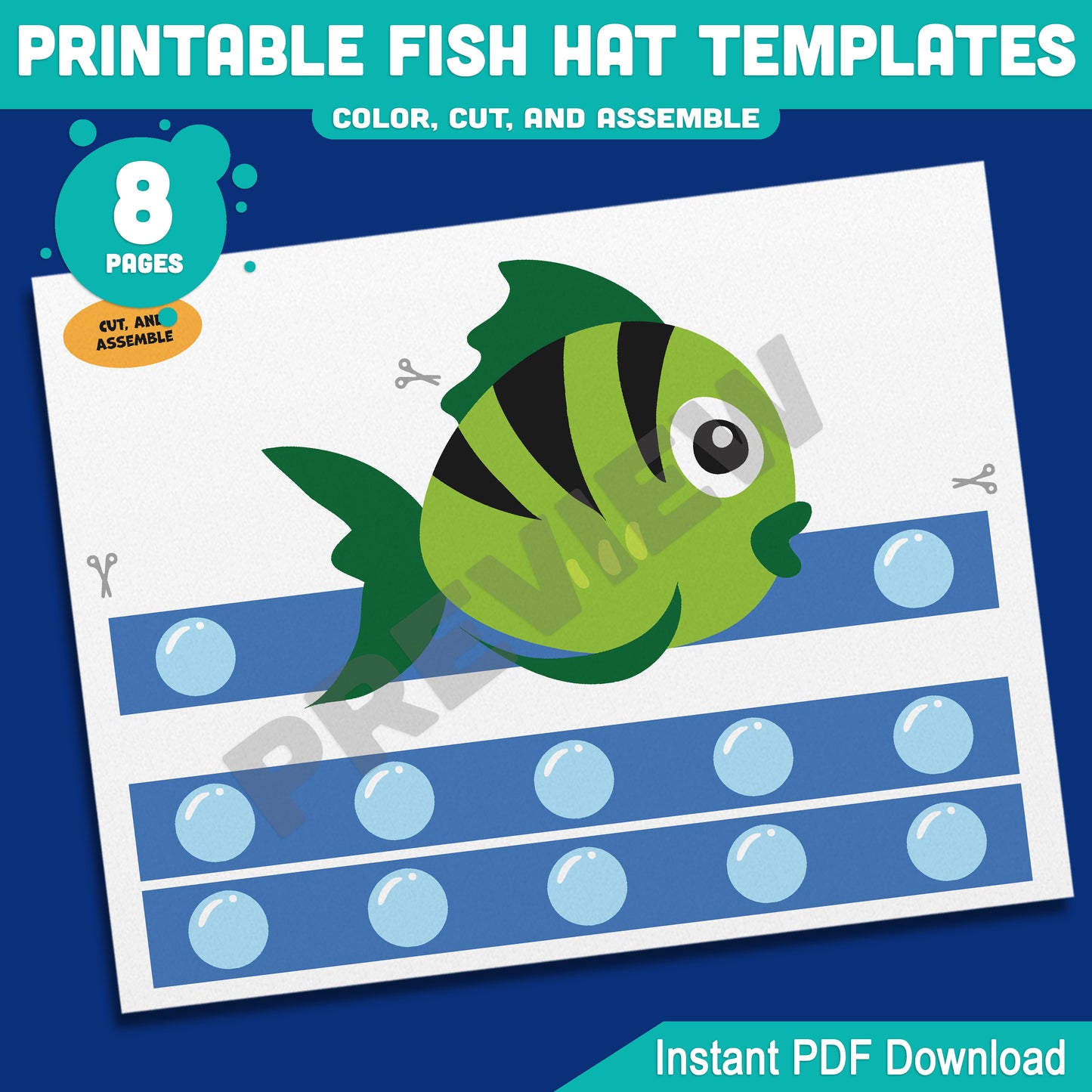 Printable Fish Hat Templates – 8 Fun Paper Crowns with Pre-Colored + Black & White Options, Perfect for Kids’ Ocean Craft and Pretend Play