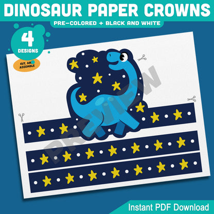 Dinosaur Paper Crowns, Printable Headbands, Color Your Own Paper Hats, Dinosaur Crown Craft, Printable Classroom Activity, US Letter, A4