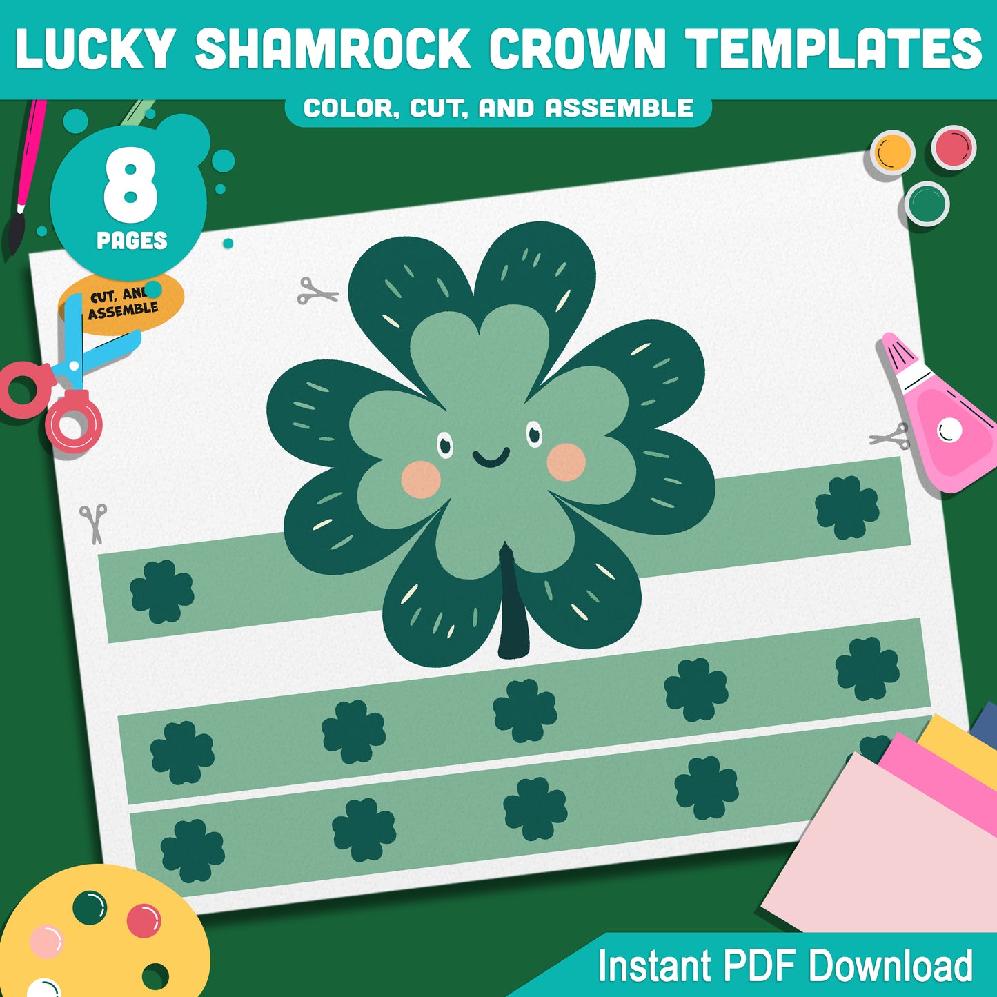 Lucky Shamrock Crown Templates – St. Patrick’s Day Wearable Craft, Shamrock Paper Crowns, Leprechaun School Headband, Play Party Hat, Pre-color + Black & White