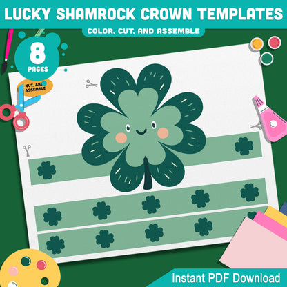 Lucky Shamrock Crown Templates – St. Patrick’s Day Wearable Craft, Shamrock Paper Crowns, Leprechaun School Headband, Play Party Hat, Pre-color + Black & White