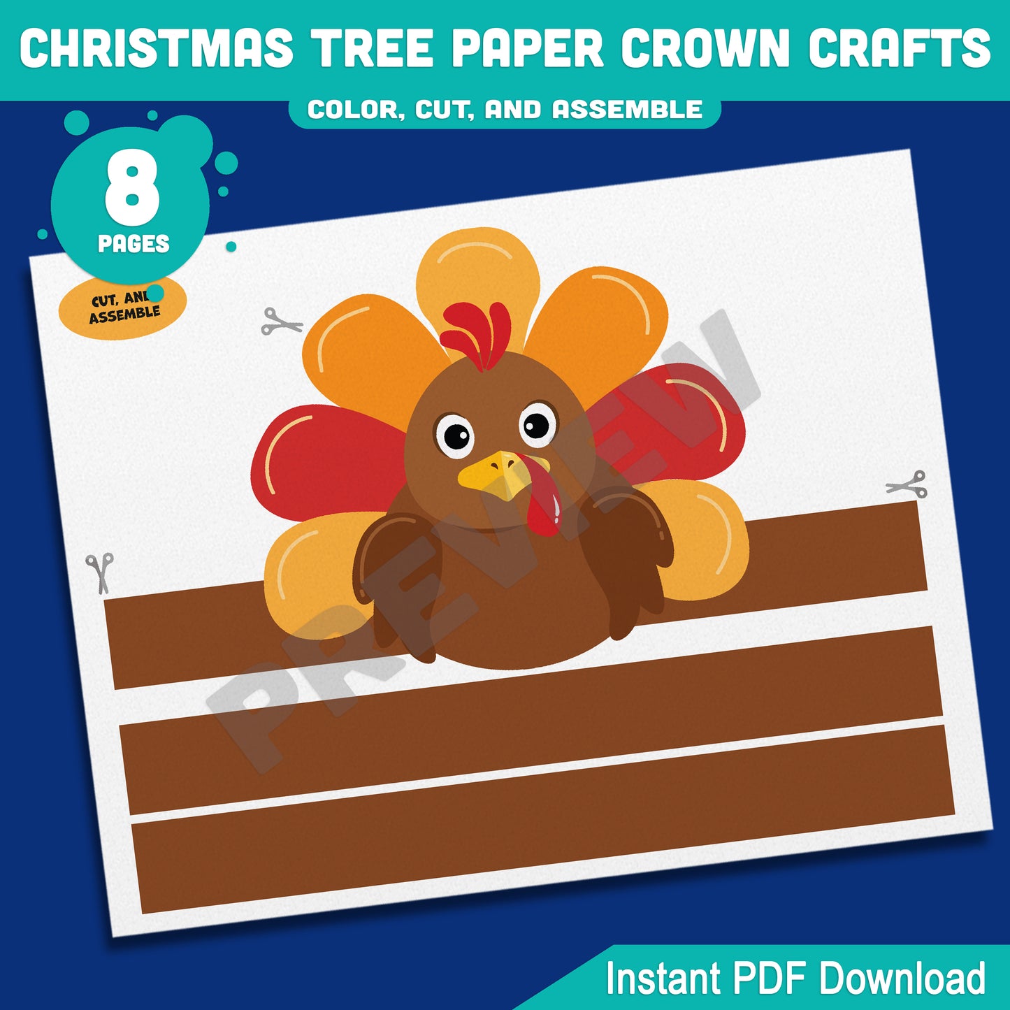 Printable Thanksgiving Turkey Paper Crown Crafts, Fall Coloring Hat & Headband Project for Kids, Autumn Party Hat, 4 Designs, Pre-color + Black & White, PDF Download