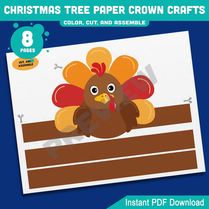 Printable Thanksgiving Turkey Paper Crown Crafts, Fall Coloring Hat & Headband Project for Kids, Autumn Party Hat, 4 Designs, Pre-color + Black & White, PDF Download