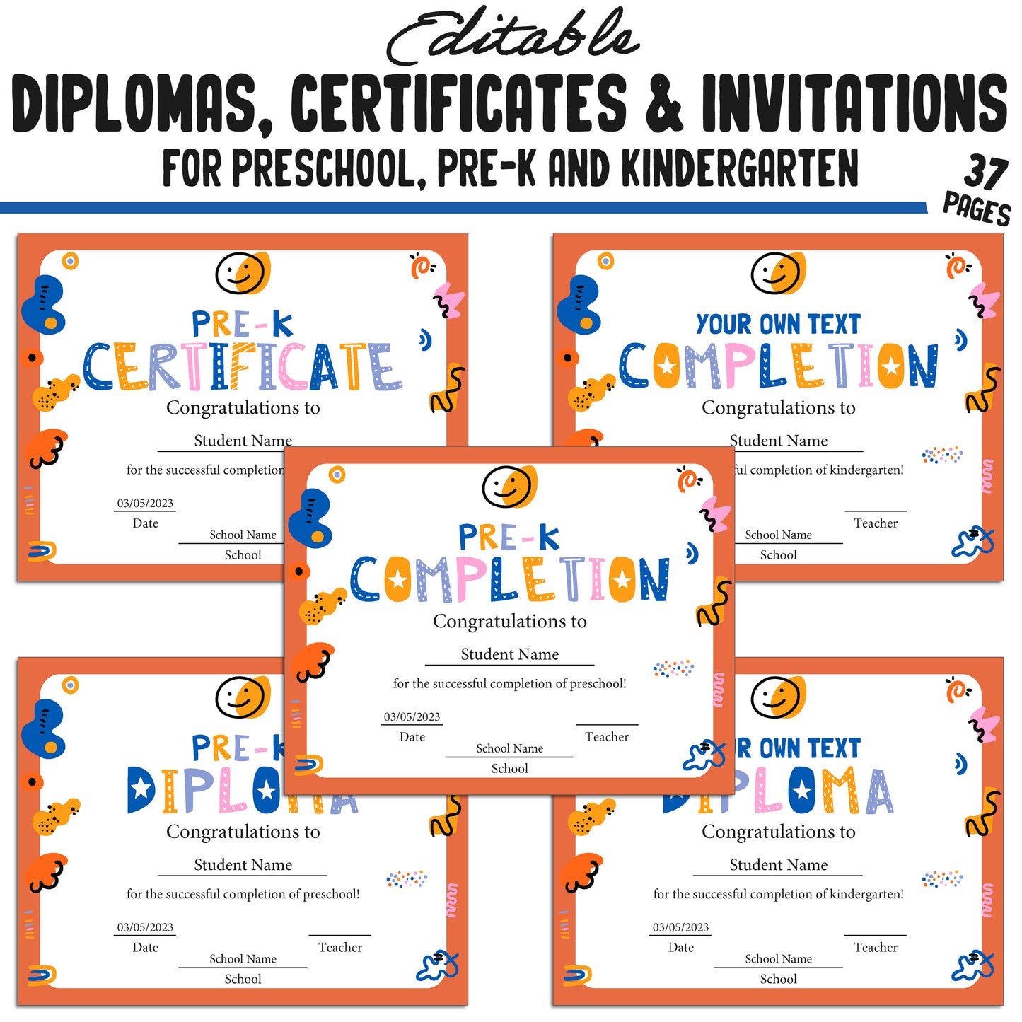 Boost Your Graduation Ceremony with 37 Editable Kindergarten, Pre-K, Preschool Certificates, Diplomas & Invitations, Instant PDF Download!