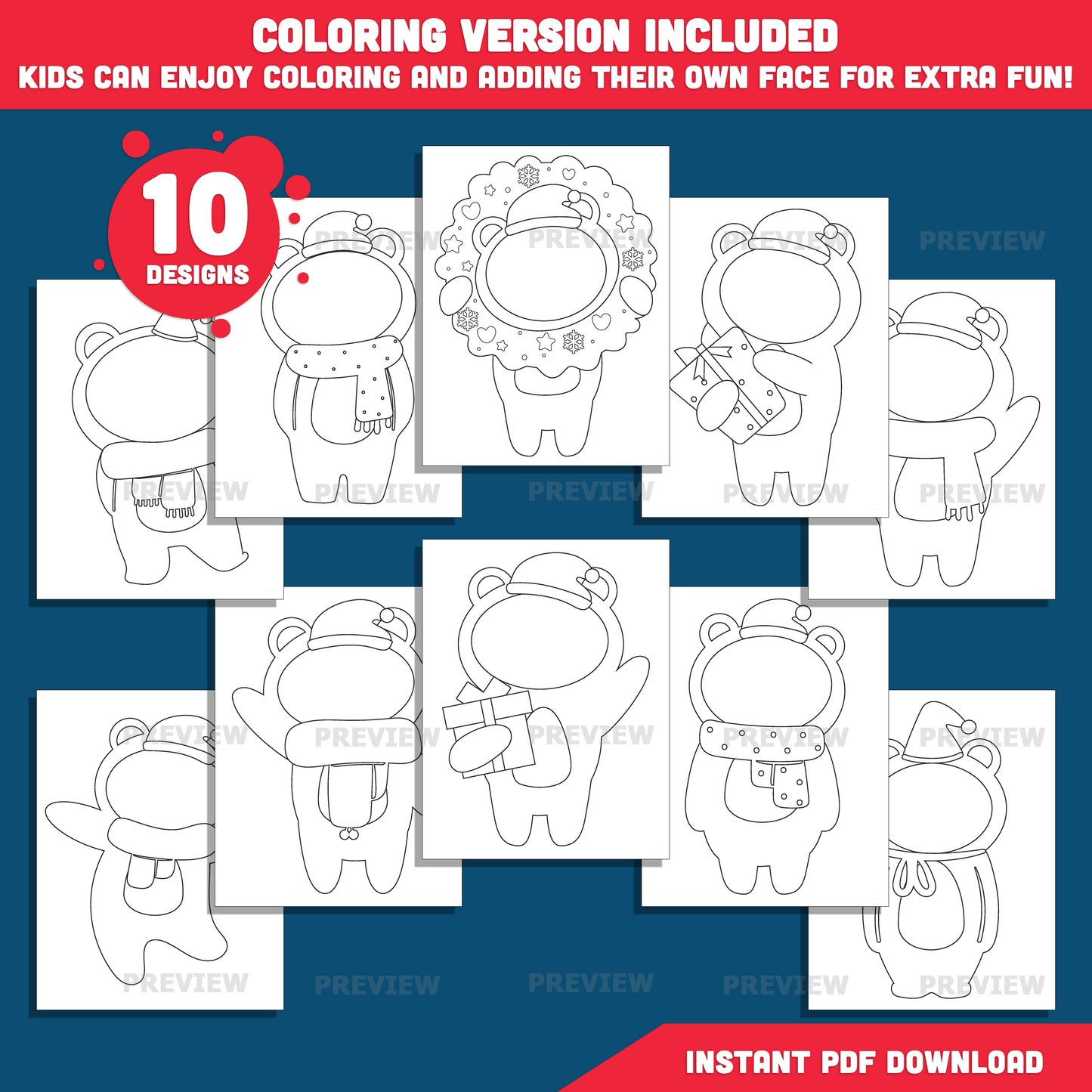 Christmas Bear Body Templates, Add Your Own Face Christmas Bear Crafts, Winter Body Templates with Coloring Version Included, High-Resolution PDF + PNG