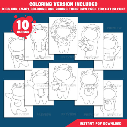 Christmas Bear Body Templates, Add Your Own Face Christmas Bear Crafts, Winter Body Templates with Coloring Version Included, High-Resolution PDF + PNG