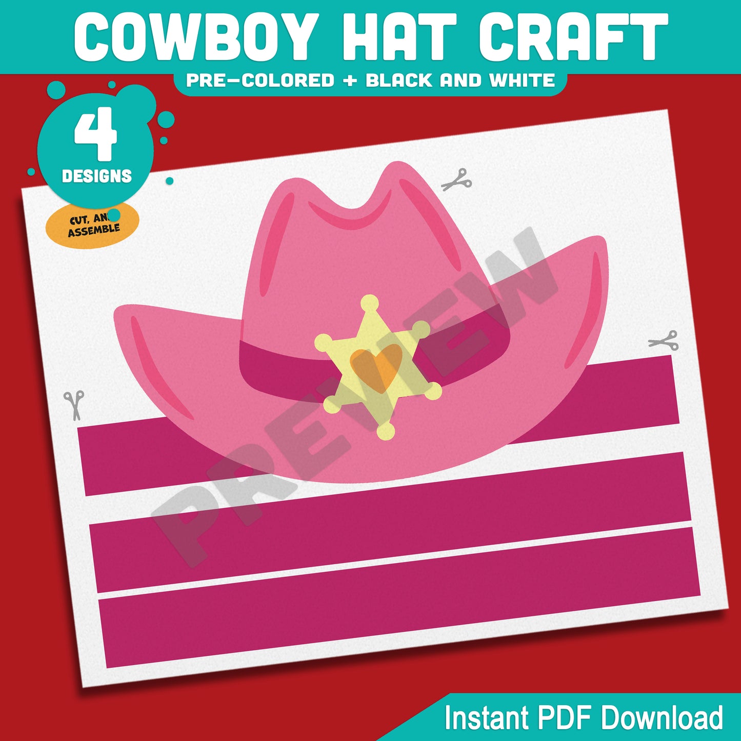 Cowboy Hat Craft, Wild West Headband Activity, Cowgirl & Cowboy Coloring Template, Summer Fun Printable, PDF Download
