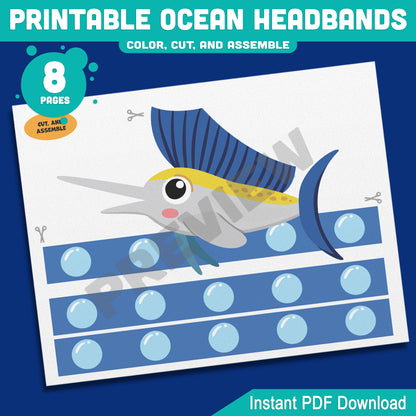Printable Ocean Headbands Yellow Fin Tuna Orca Killer Whale Narwhal Sailfish Crown Hat Activity, Color Cut and Wear, Pre-color + Black and White