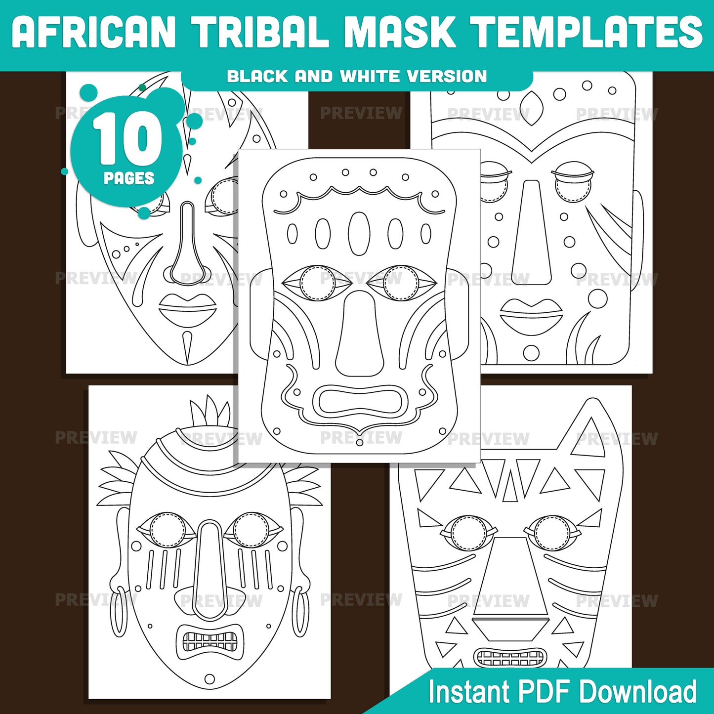 African Tribal Mask Templates, Masquerade Printable Classroom Craft, Pre-Colored and Black and White Mask Set, Art and Drama Activity for Kids