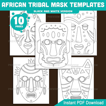 African Tribal Mask Templates, Masquerade Printable Classroom Craft, Pre-Colored and Black and White Mask Set, Art and Drama Activity for Kids