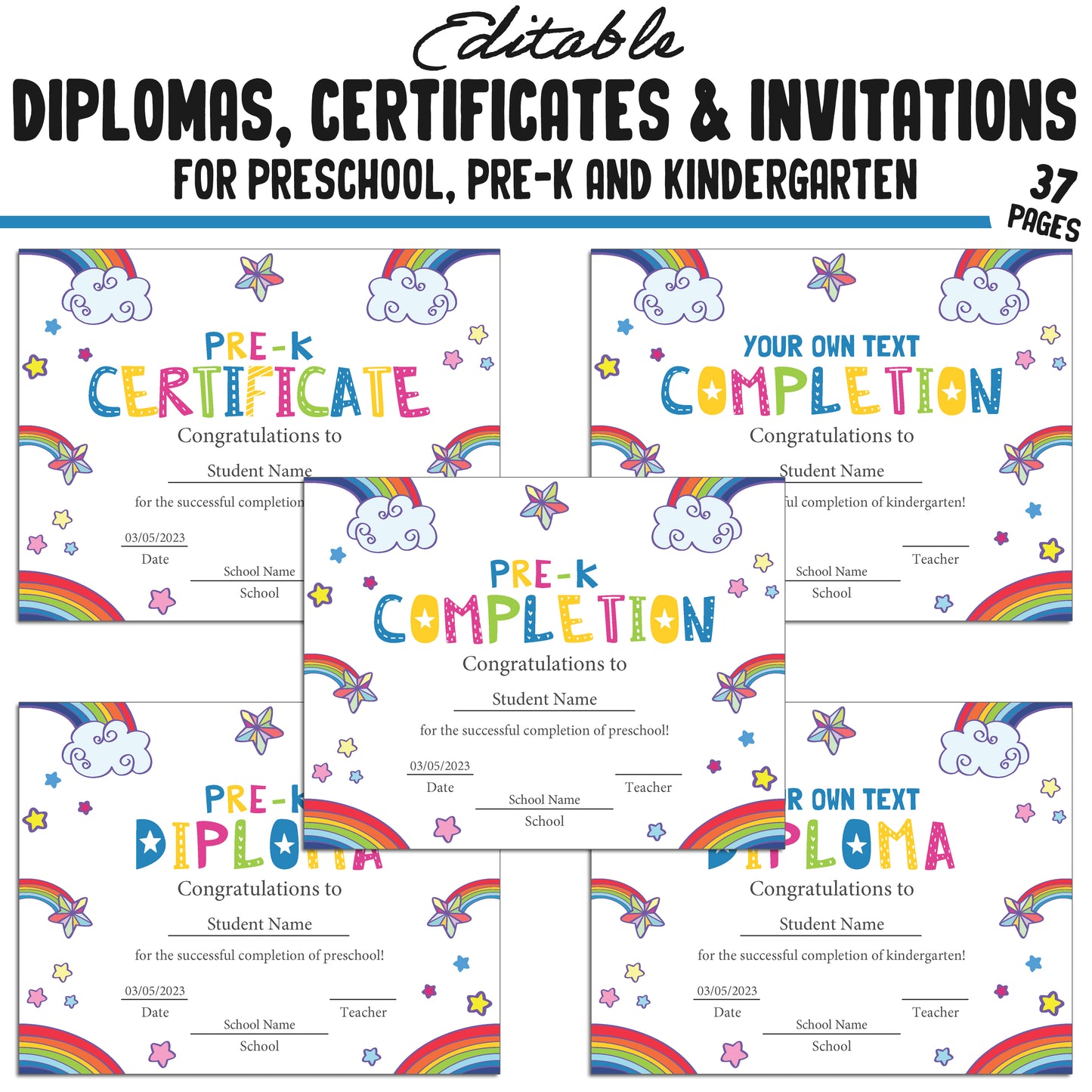 37 Editable Pre-Kindergarten, Kindergarten, and Preschool Diploma, Certificate & Invitation Templates, PDF Files, Instant Download