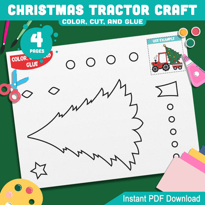 Creative Christmas Tractor with Tree Template: Kids' Holiday Craft Activity for Winter Bulletin Boards & Gifts, 4 Pages, Instant PDF Download.