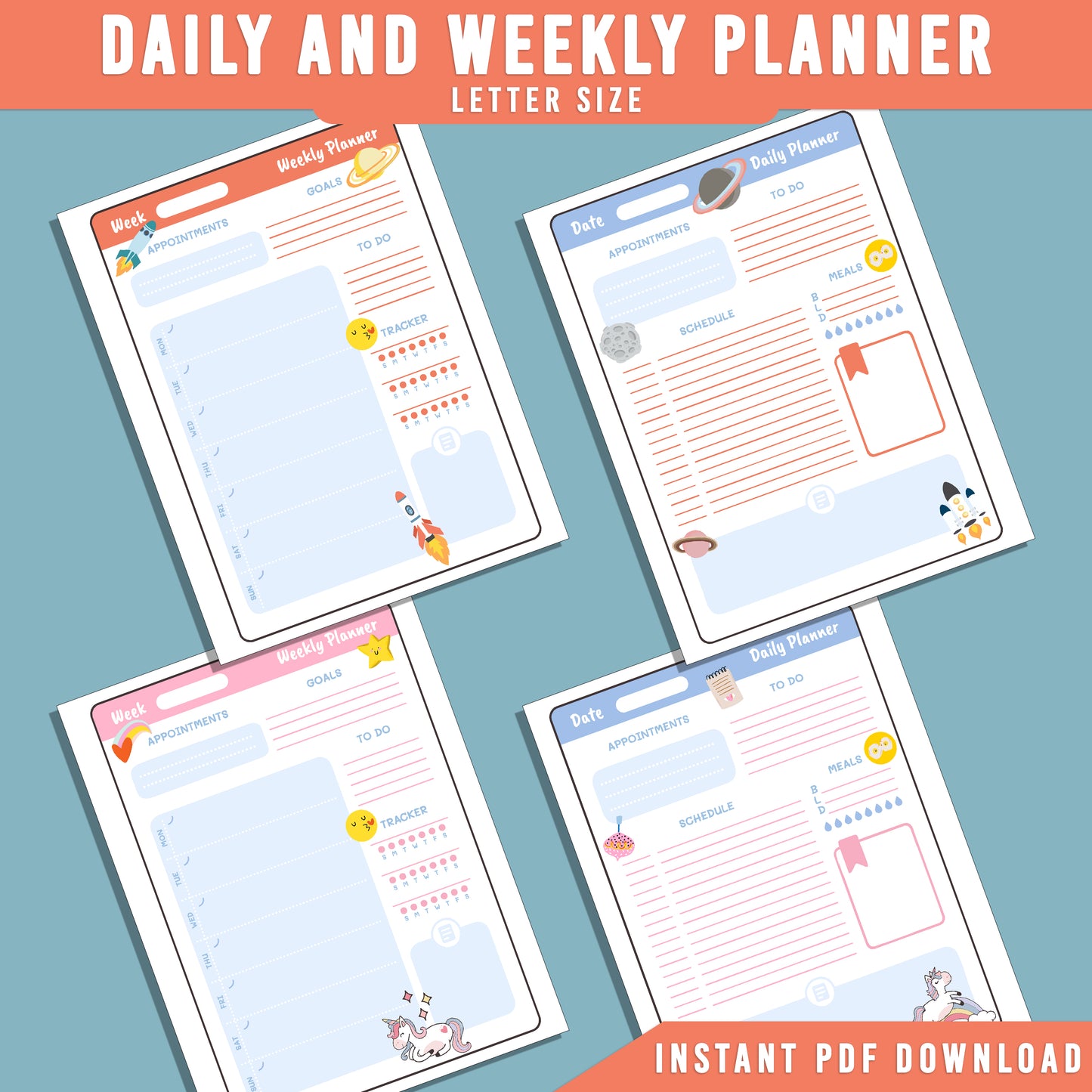 2026 Kids Printable Planner: Fun Goal Tracker, Calendar, To-Do List, Daily/Weekly/Monthly Pages for Boys & Girls, Habit Tracker, PDF Instant Download.