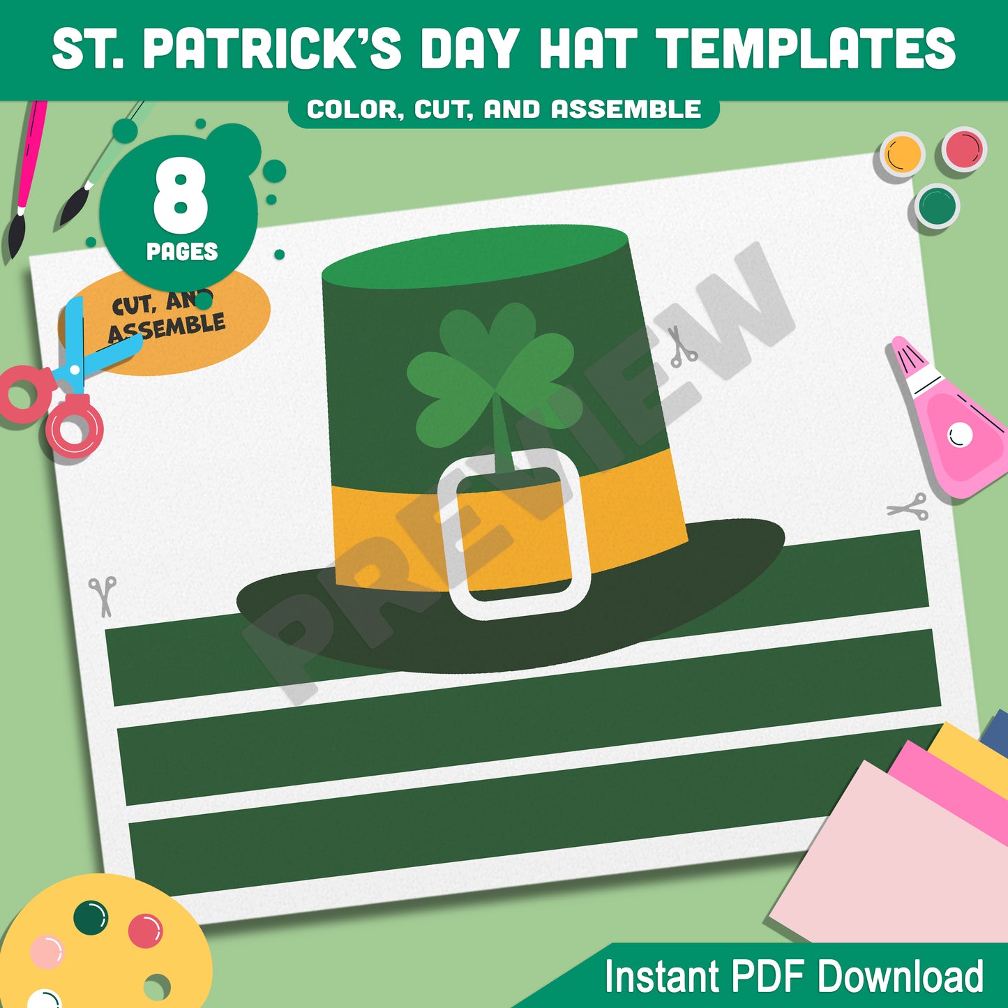 St. Patrick’s Day Hat Craft for Kids: 4 Creative Templates to Color, Cut, and Assemble in Color and Black-and-White, PDF Instant Download