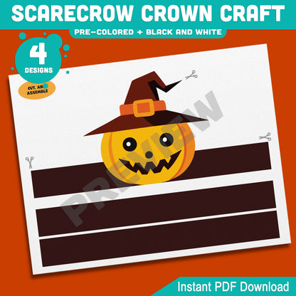 Scarecrow Crown Craft, Fall Paper Crown & Hat Activity, Printable Headband, Pre-Colored and Black & White, Autumn Craft, 4 Designs, A4, US Letter