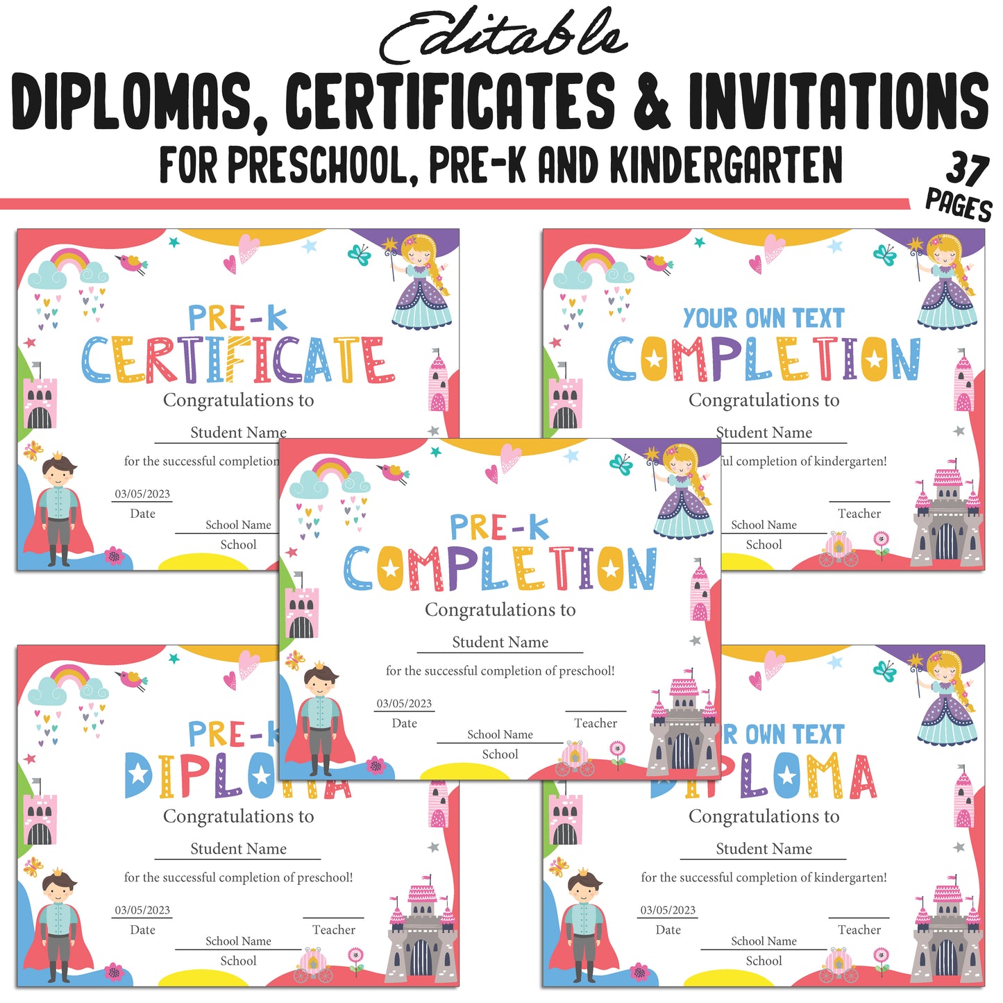 Editable Kindergarten, Pre-K, and Preschool Graduation Invitations, Diplomas, and Certificate Templates – Instant PDF Download!