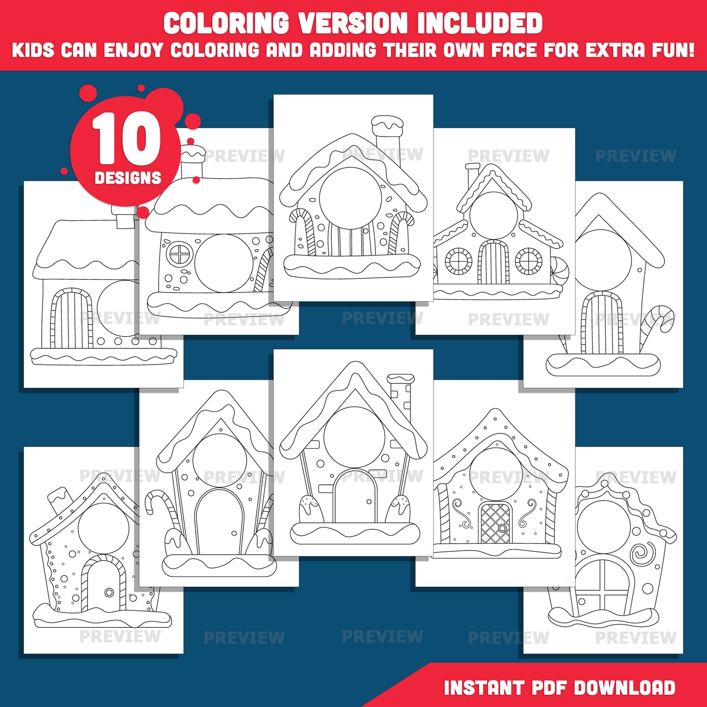 Add Your Face Gingerbread House, Winter Add-Your-Face Templates, Holiday Body Craft with Coloring Version Included, High-res PDF + PNG Files, 10 Printable Designs