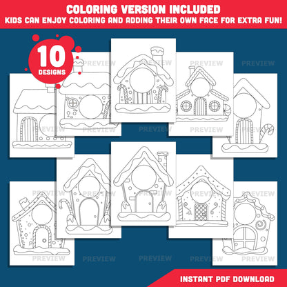 Add Your Face Gingerbread House, Winter Add-Your-Face Templates, Holiday Body Craft with Coloring Version Included, High-res PDF + PNG Files, 10 Printable Designs