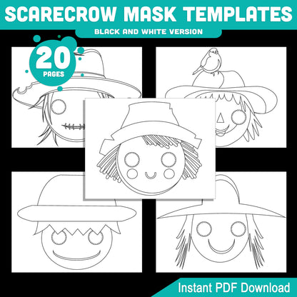 Scarecrow Mask Templates for Kids: 10 Printable Designs, 20 Pages, Pre-Colored + Black and White, Great for Classroom or Home Crafts, PDF Download