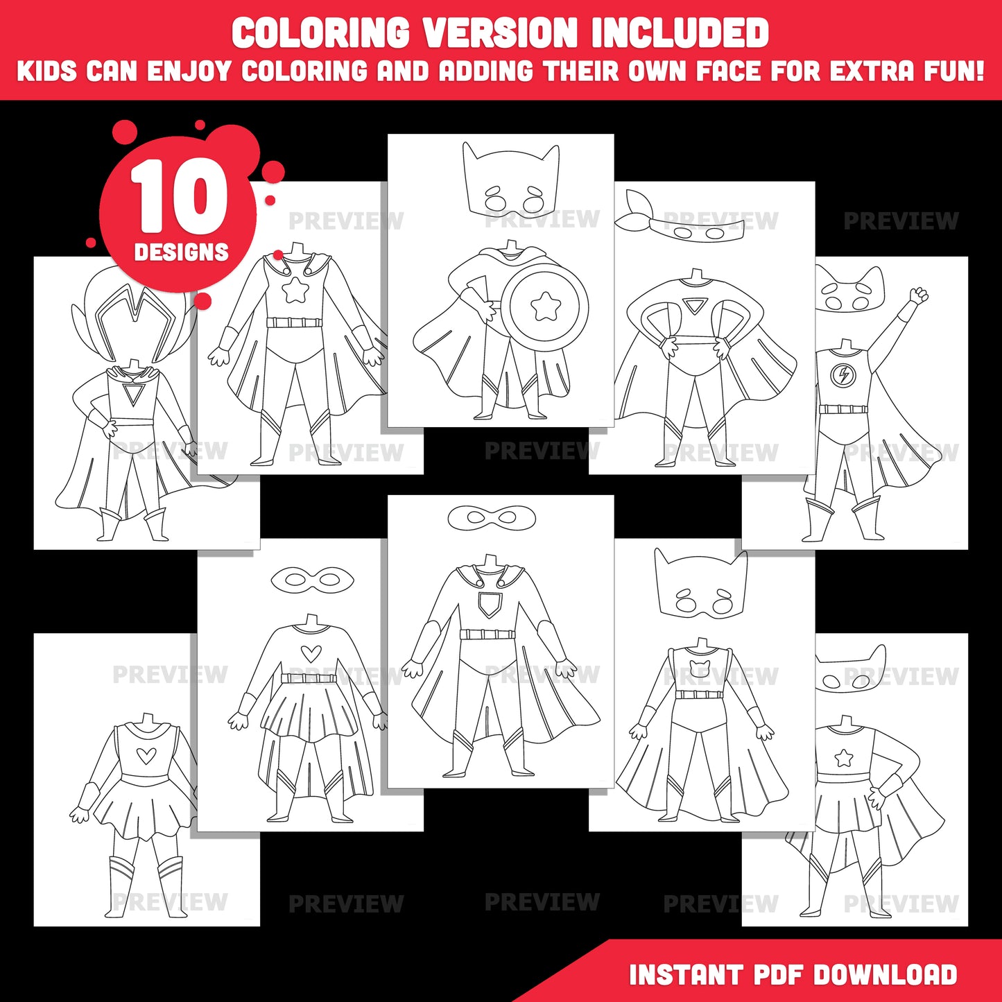 Printable Superhero Body Cutouts – Add Your Own Face Kids Craft Activity, Coloring Version Included, 10 Unique Designs, PDF + PNG Files